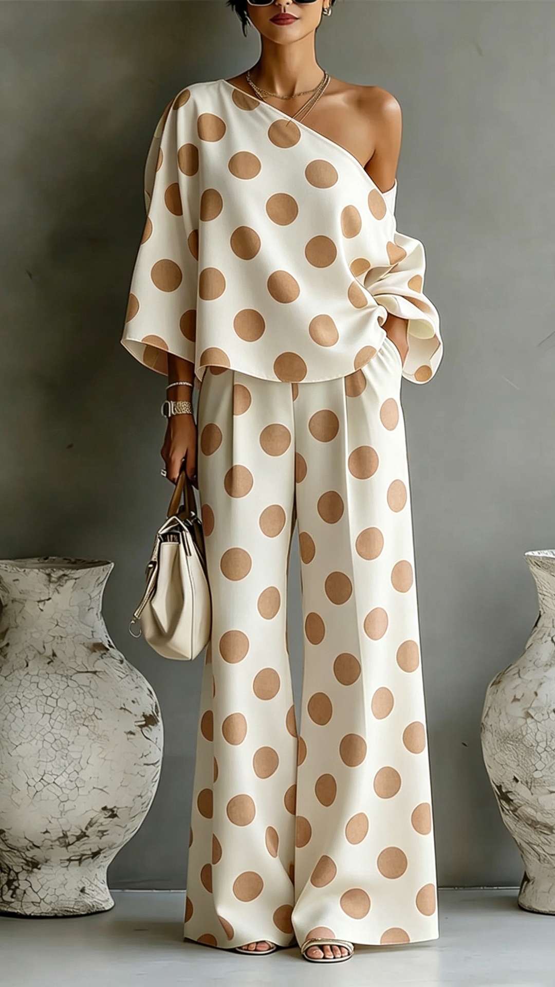 Women's Colorful Polka Dot Off-Shoulder Flowy Two-Piece Set
