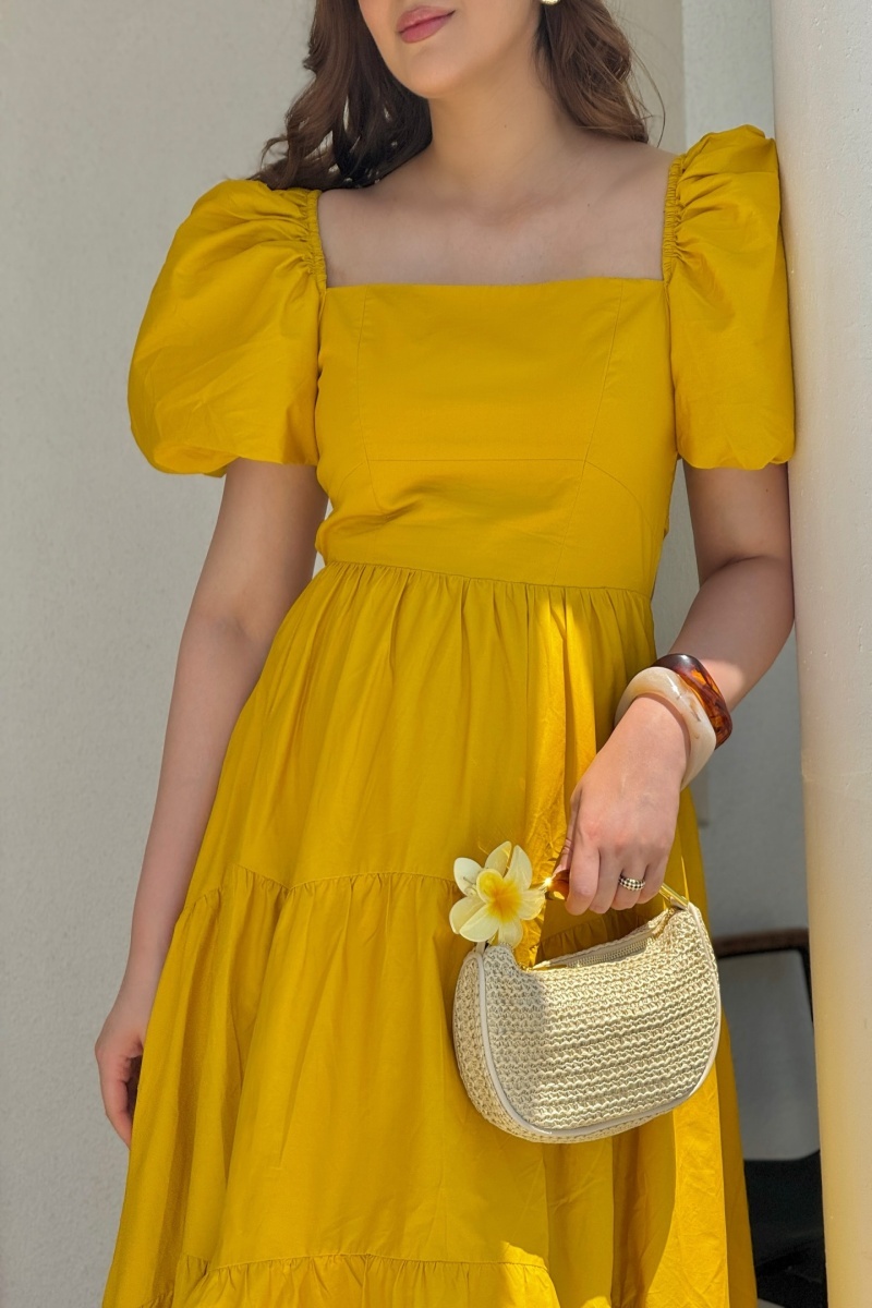 Women's Yellow Puff Sleeve Tiered High Low Maxi Dress（Pre-order payment）