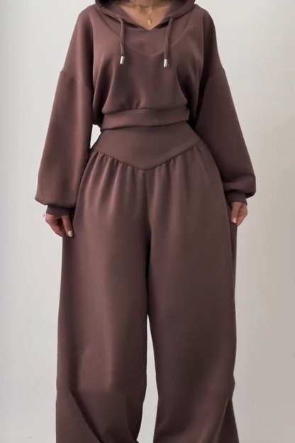 Women's New Casual Two-Piece Set: V-neck hooded long-sleeved top and high-waisted trousers (Pre-order item)