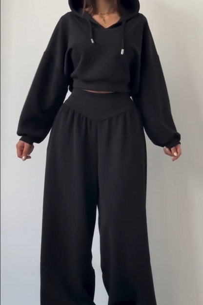 Women's New Casual Two-Piece Set: V-neck hooded long-sleeved top and high-waisted trousers (Pre-order item)