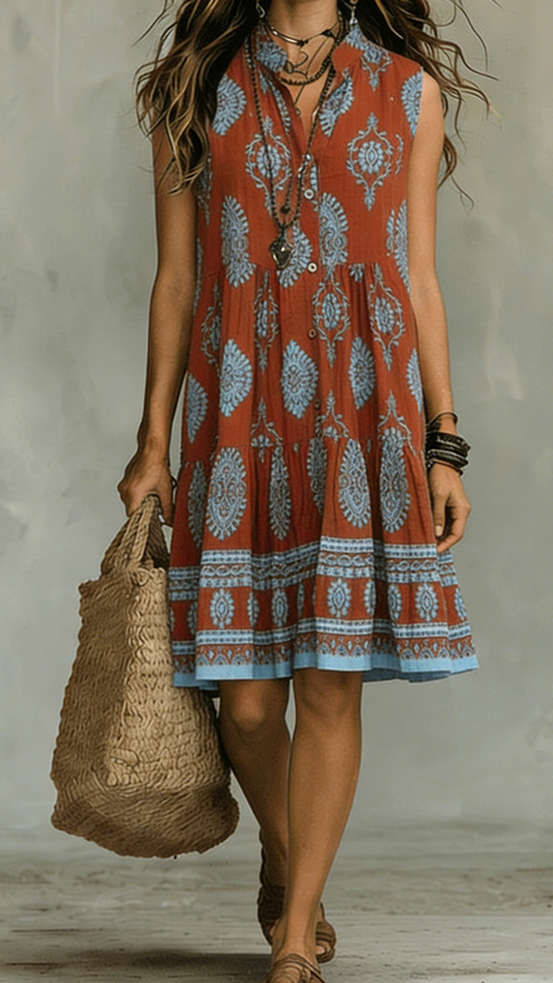 Bohemian-Style Printed Sleeveless Maxi Dress with Shirt Collar