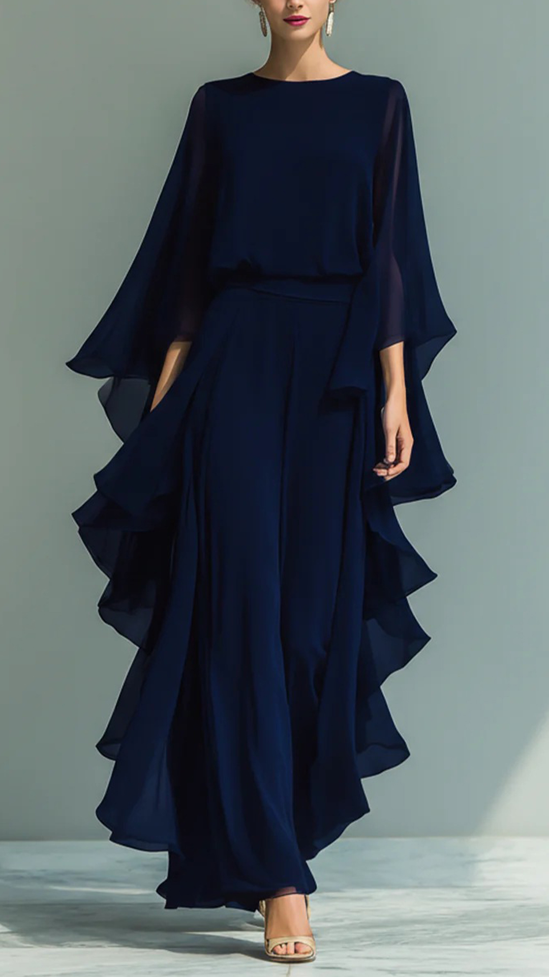 Chiffon Ruffled Bell Sleeve Straight Leg Trousers Set
