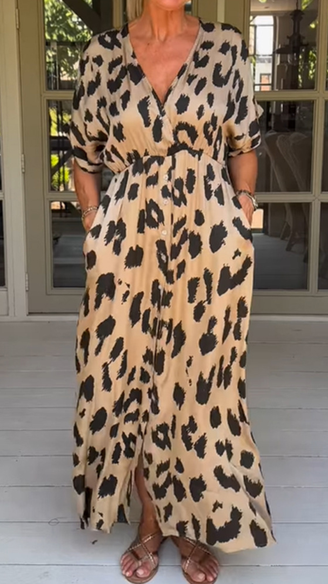 Women's Leopard Print V-Neck Slim Fit Short Sleeve Long Dress