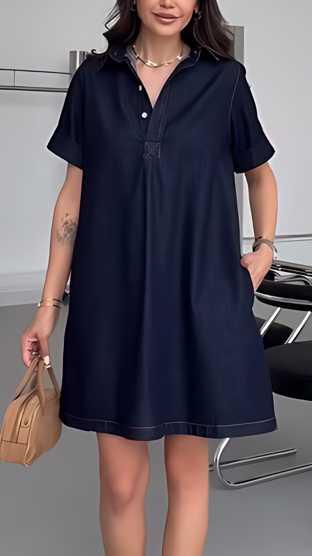 [Pre-sale] Women's Collared Short-Sleeve Denim Loose-Fitting Mini Dress