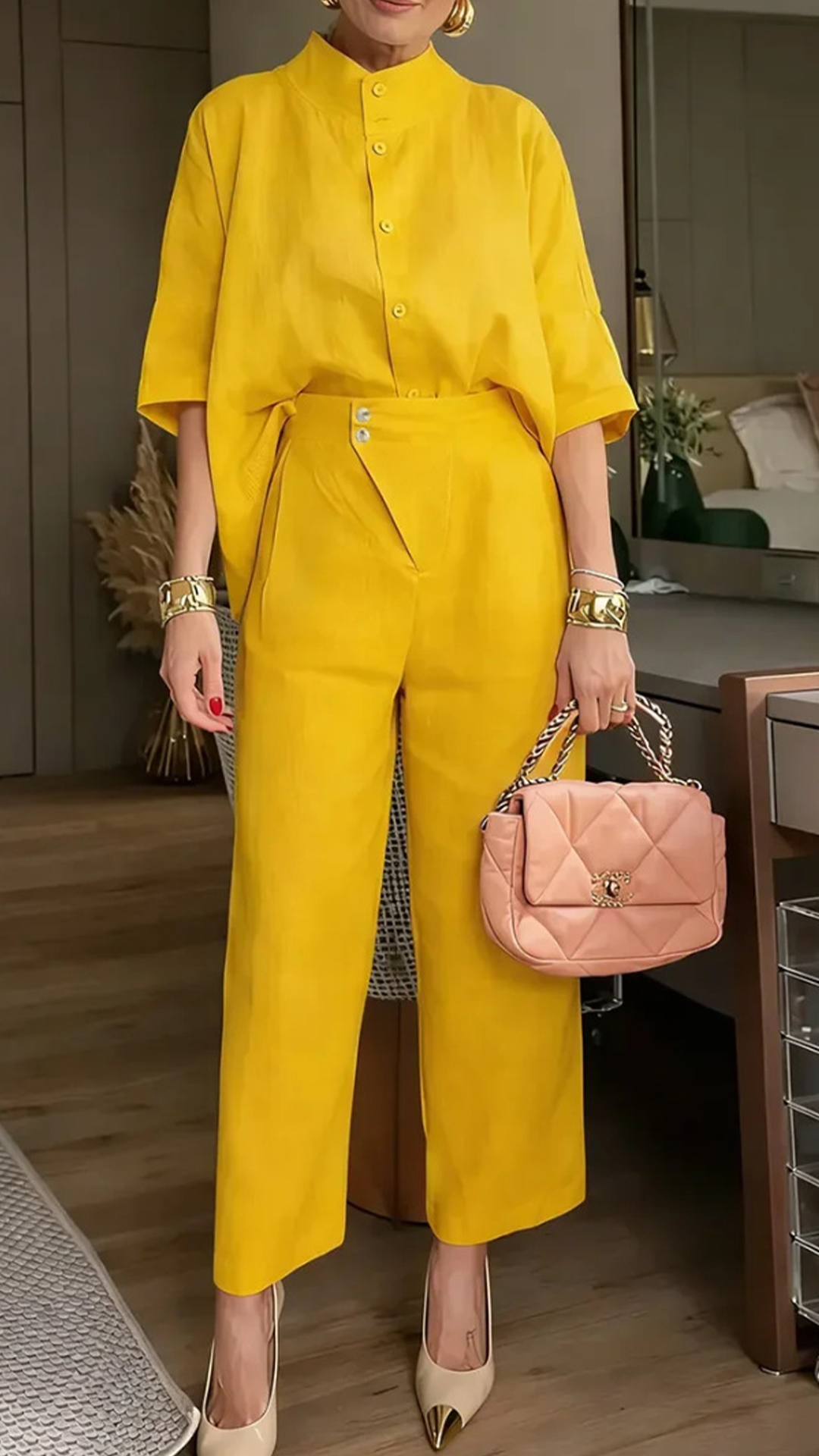 [Pre-sale] Women's Stand Collar Batwing Sleeve Linen Shirt + Wide-Leg Pants Set