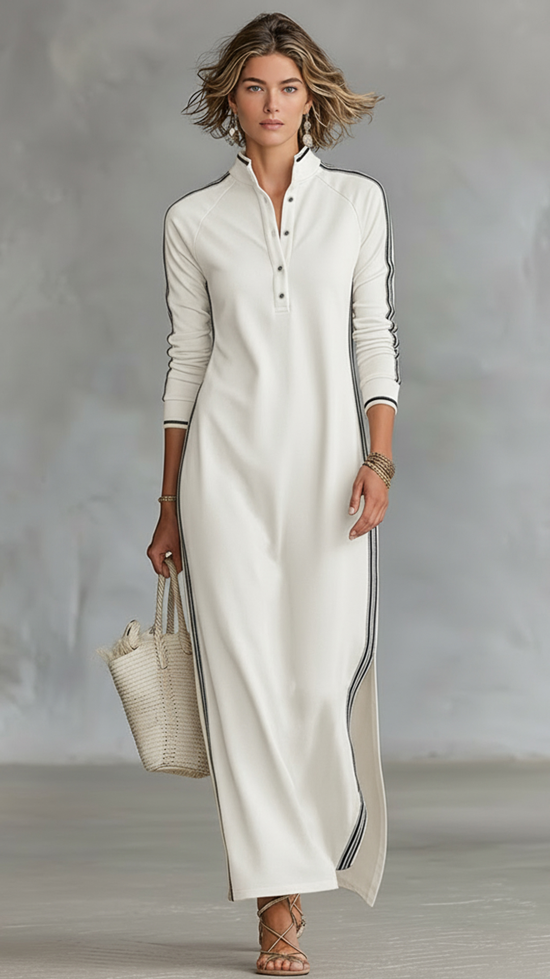 Women's Black and White Striped Sporty Stand-Collar Maxi Dress