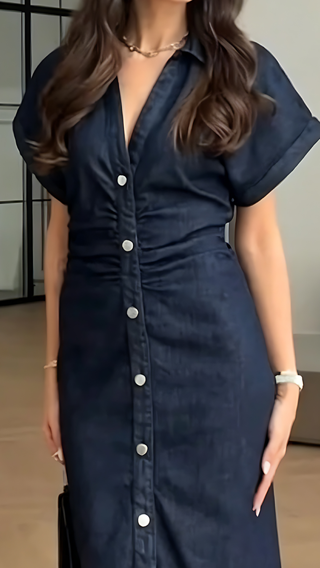 [Copy] Women's Collared Short-Sleeve Denim Loose-Fitting Mini Dress