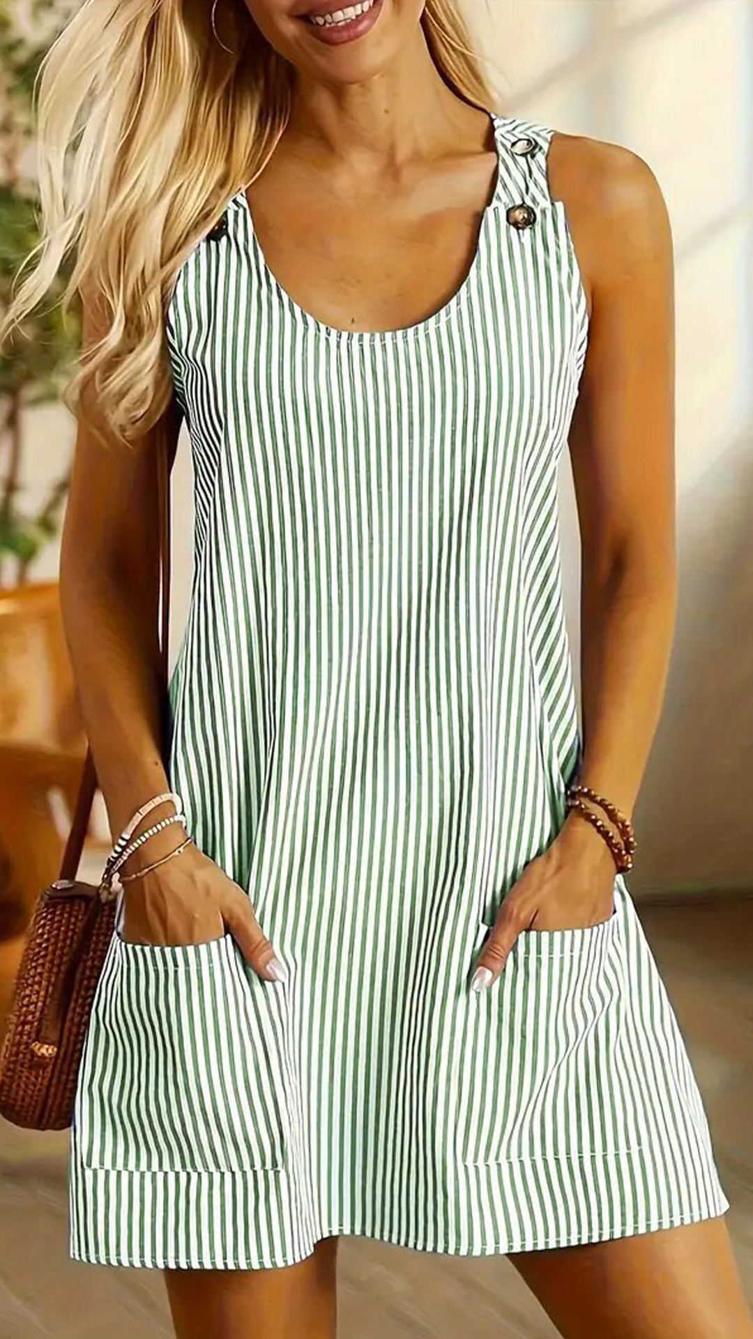 Women's Adjustable Strap Striped Loose Overall Mini Dress