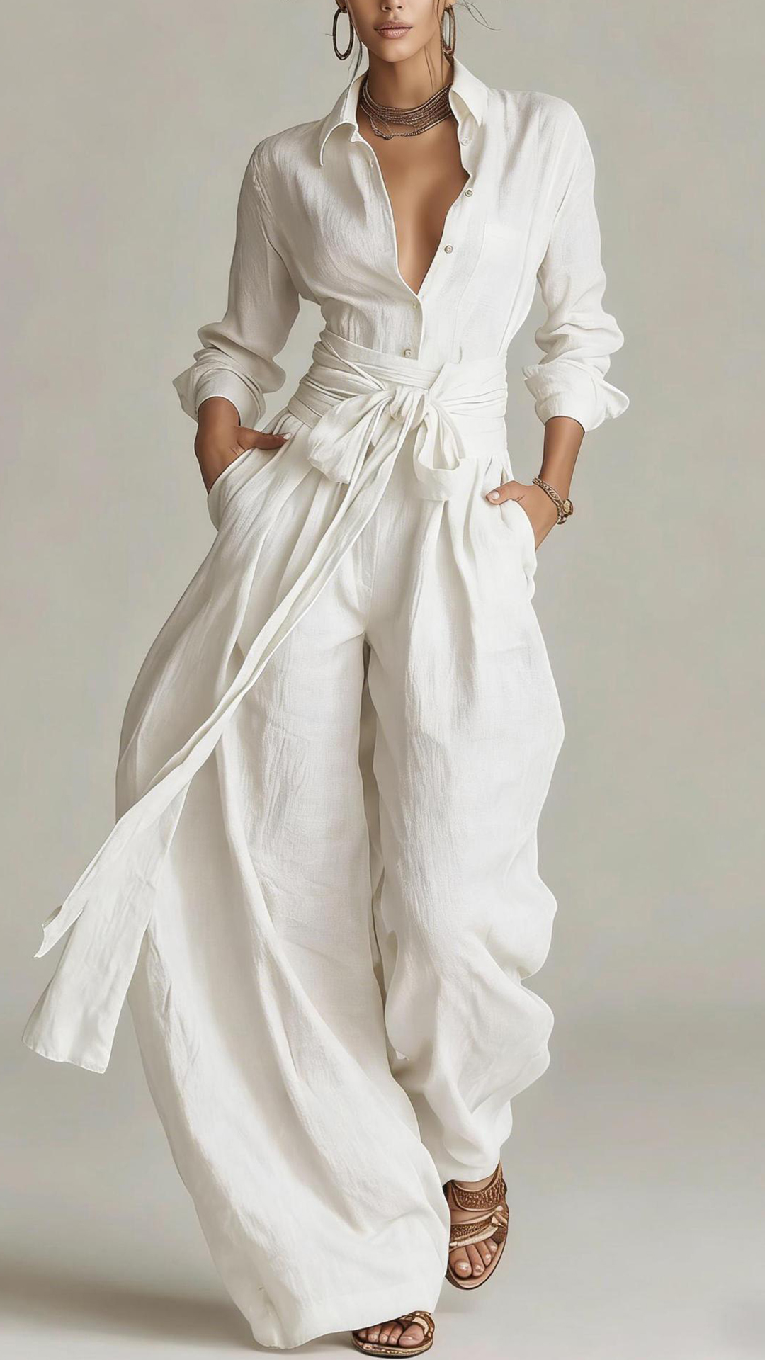 Women's  Cotton-Linen Shirt & Wide-Leg Pants Set with Belt