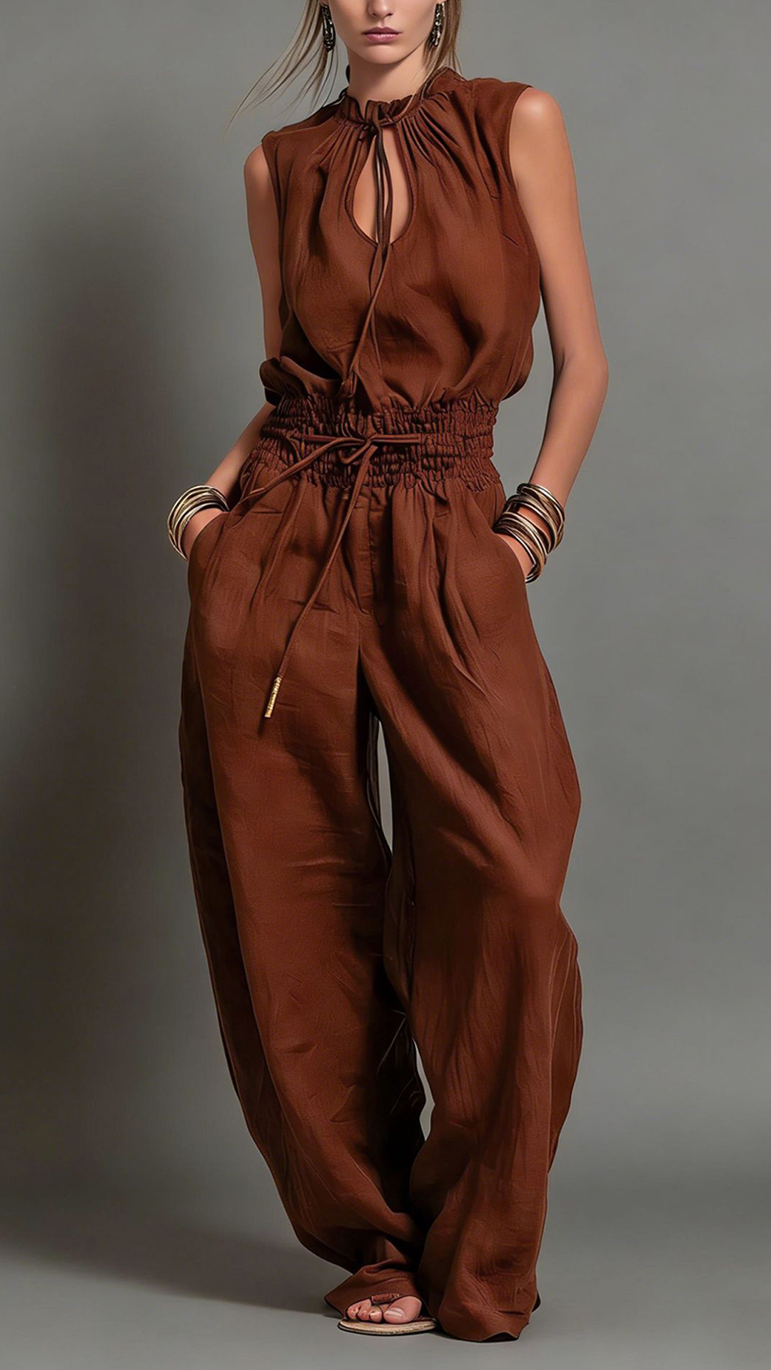 Women's Cotton-Blend Light Beige Waisted Sleeveless Jumpsuit