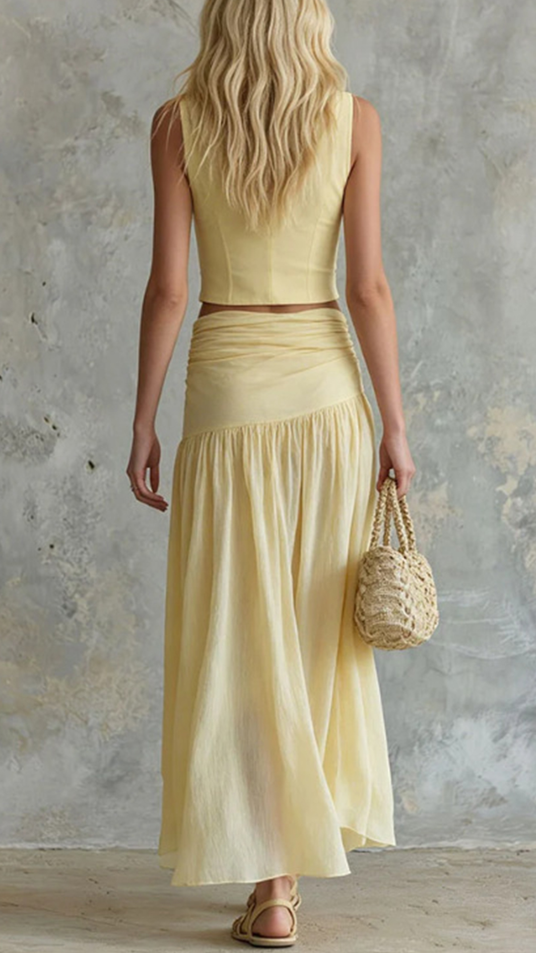 Women's Cotton-blend V-neck Buttoned Ruched Midi Skirt Set