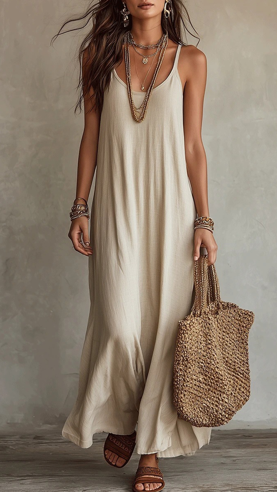 Women's Cotton‑blend Thin‑Strap U‑Neck Loose Maxi Dress