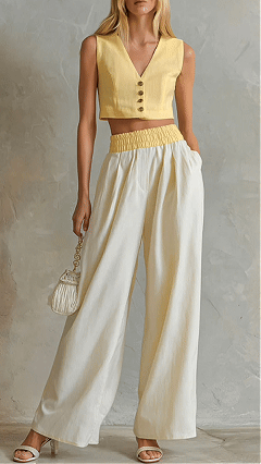 Women's Cotton‑blend V‑Neck Button‑Front Vest Elastic‑Waist Wide‑Leg Pant Set