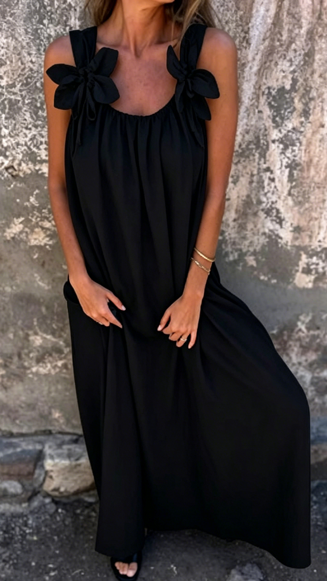 Women's Light Apricot Oversized Sleeveless Maxi Dress With Shoulder Bows