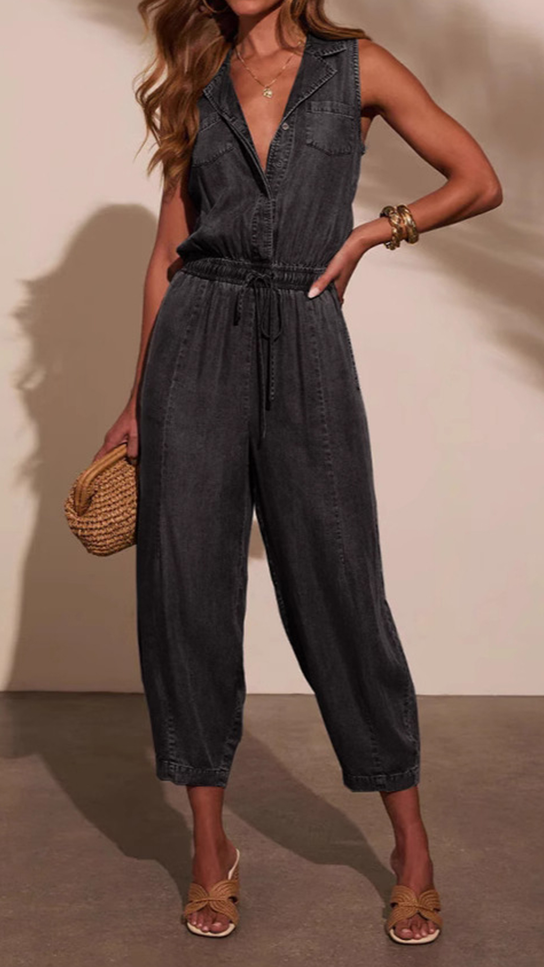 Women's Sleeveless Lapel Denim Waist‑Cinch Cropped Jumpsuit