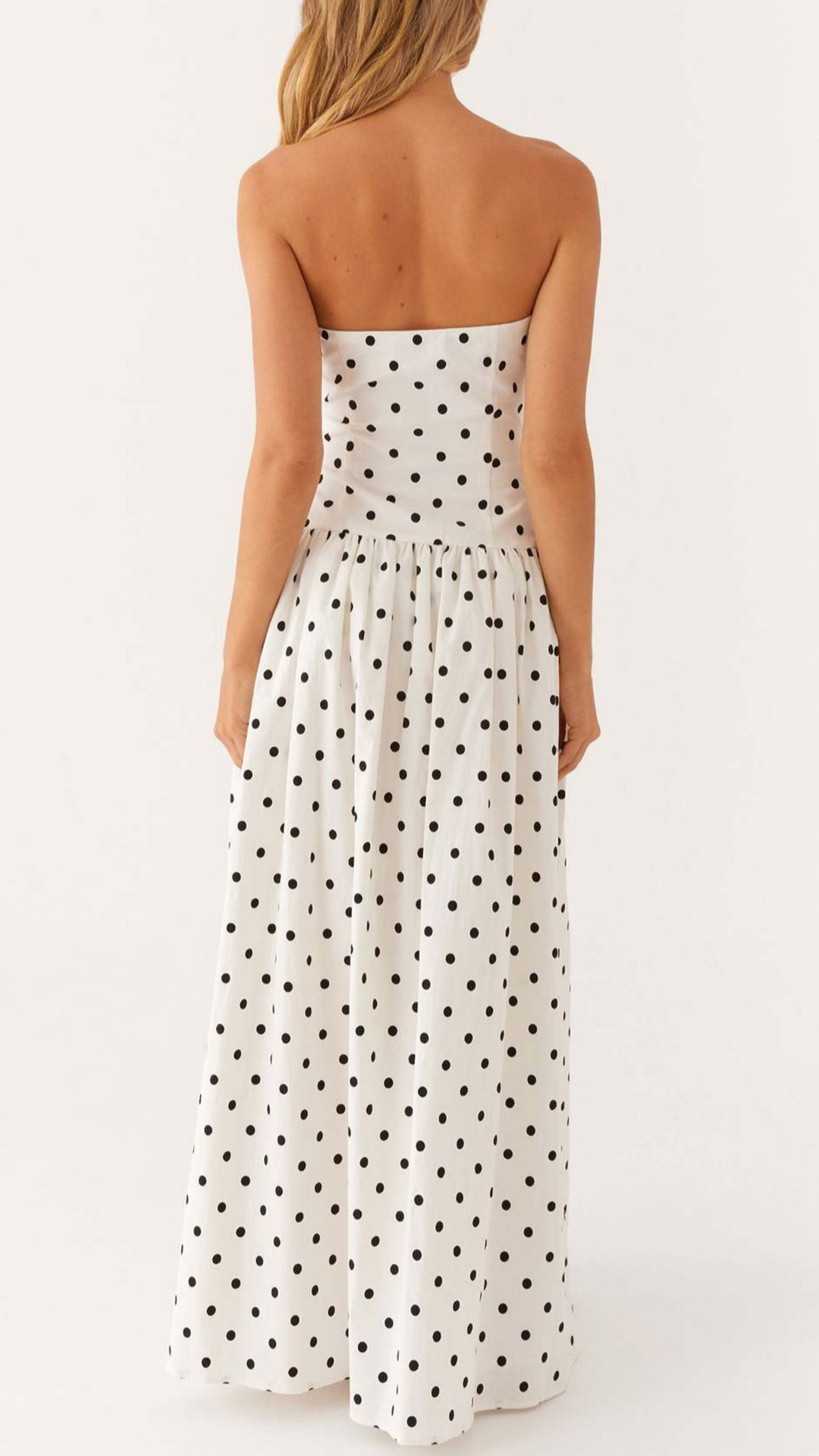 Women's Cotton‑blend Strapless Polka‑dot Gathered Flared Maxi Dress