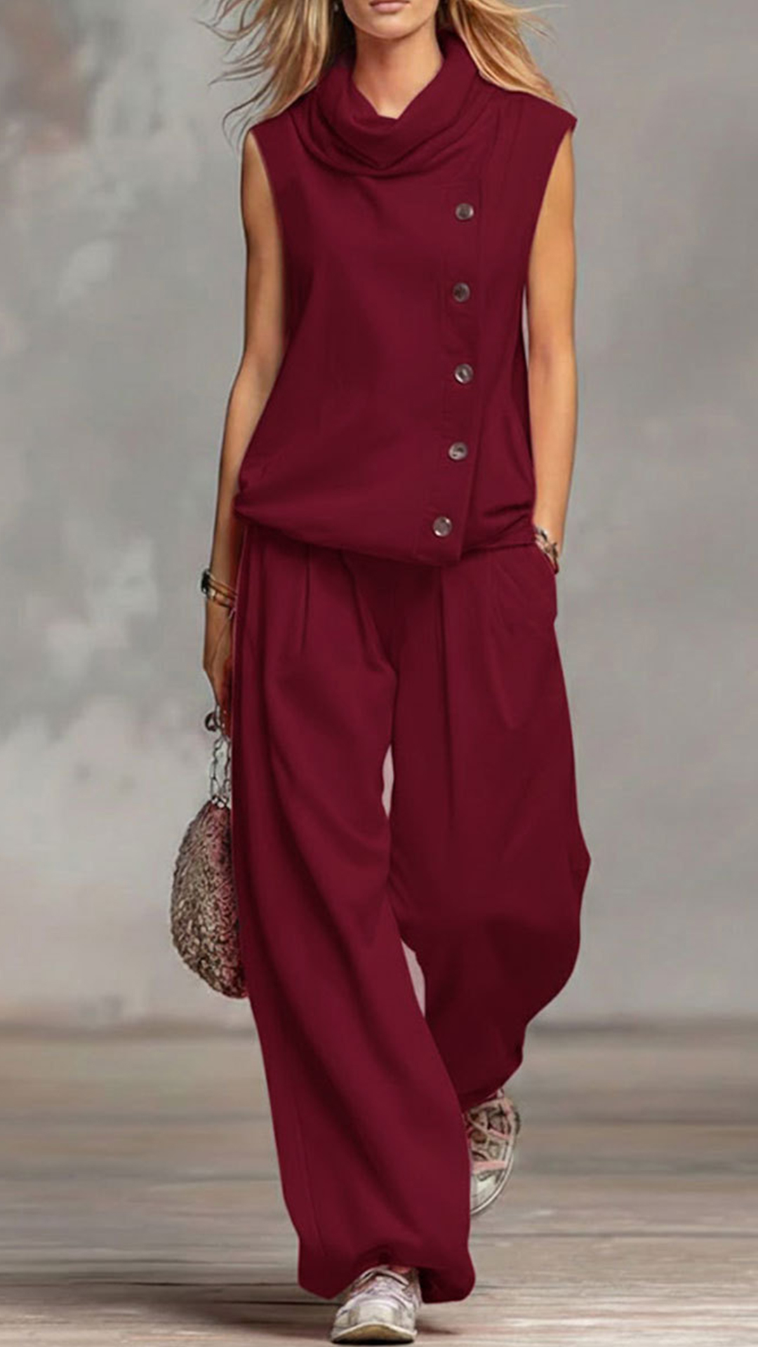 Women's Cowl Neck Sleeveless Top & Wide-Leg Pants Set