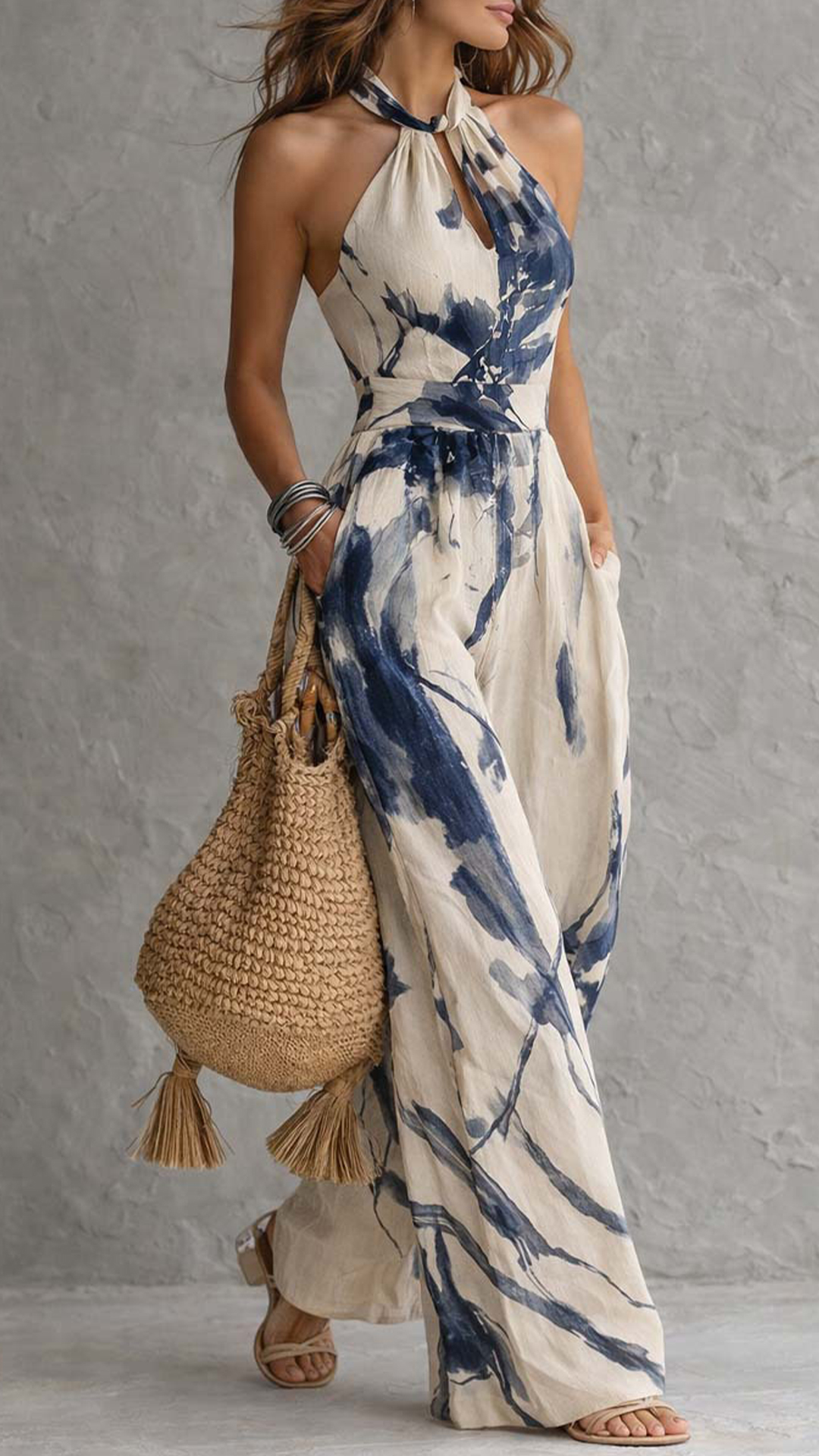 Women's Ink Print Halter Neck Wide-Leg Jumpsuit