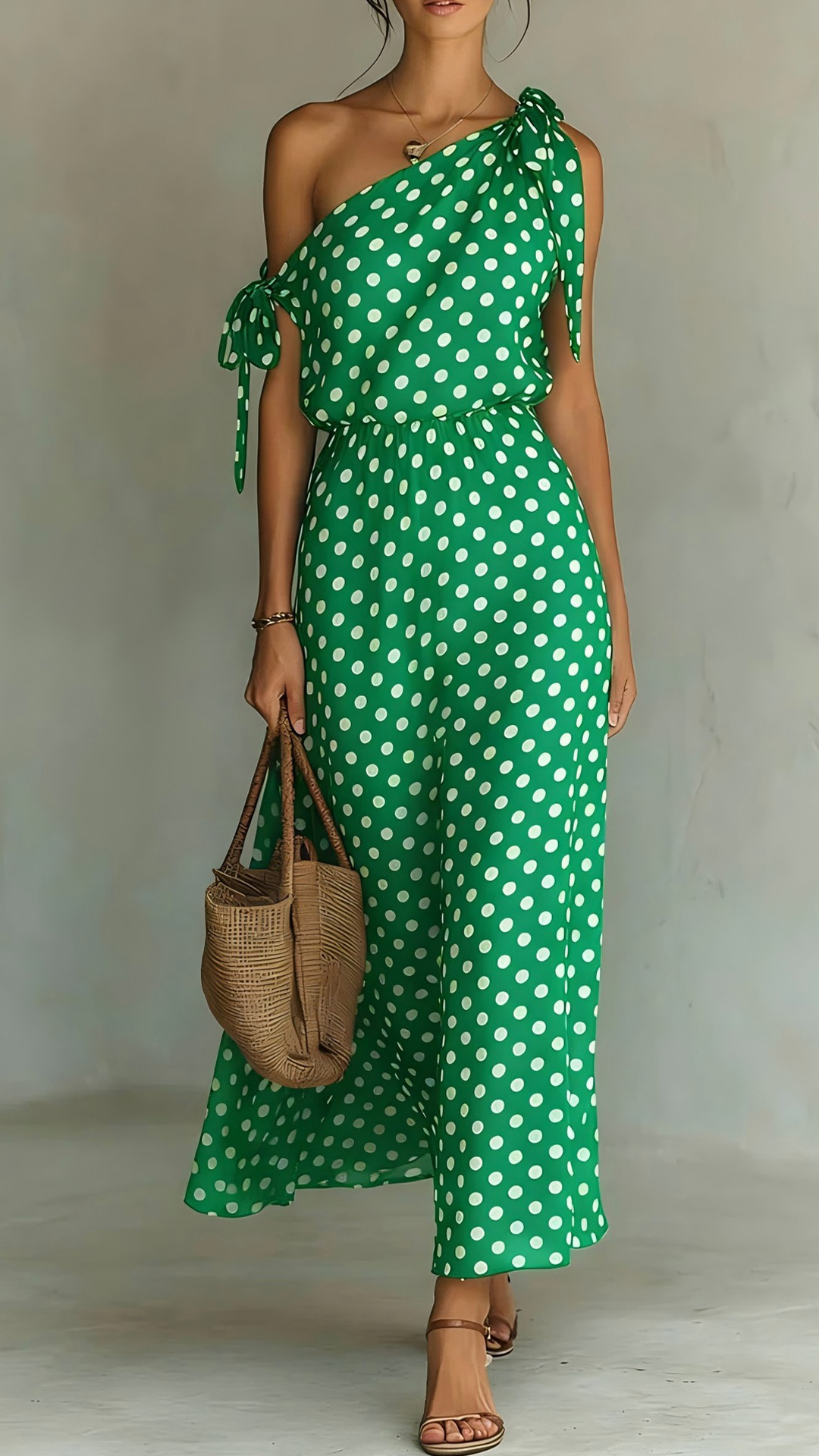 Women's Polka Dot Asymmetrical Tie-Shoulder Wide-Leg Jumpsuit