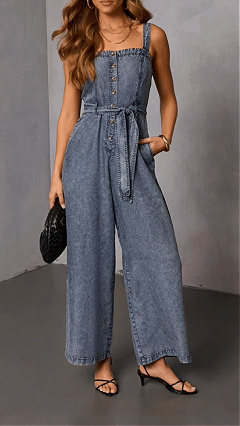 Women's Washed Blue Square-Neck Camisole Denim Waist-Tied Wide-Leg Jumpsuit
