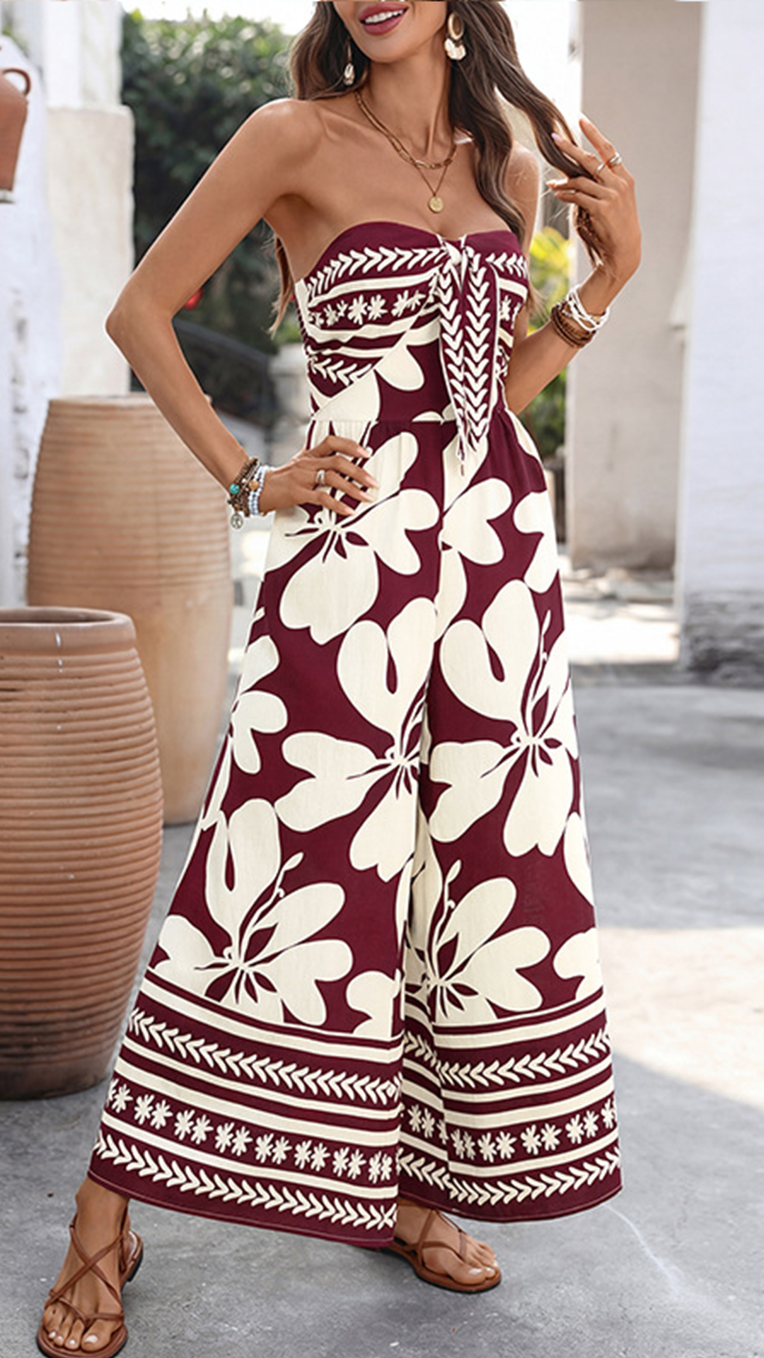 Women's Retro Print Bandeau Wide-Leg Jumpsuit