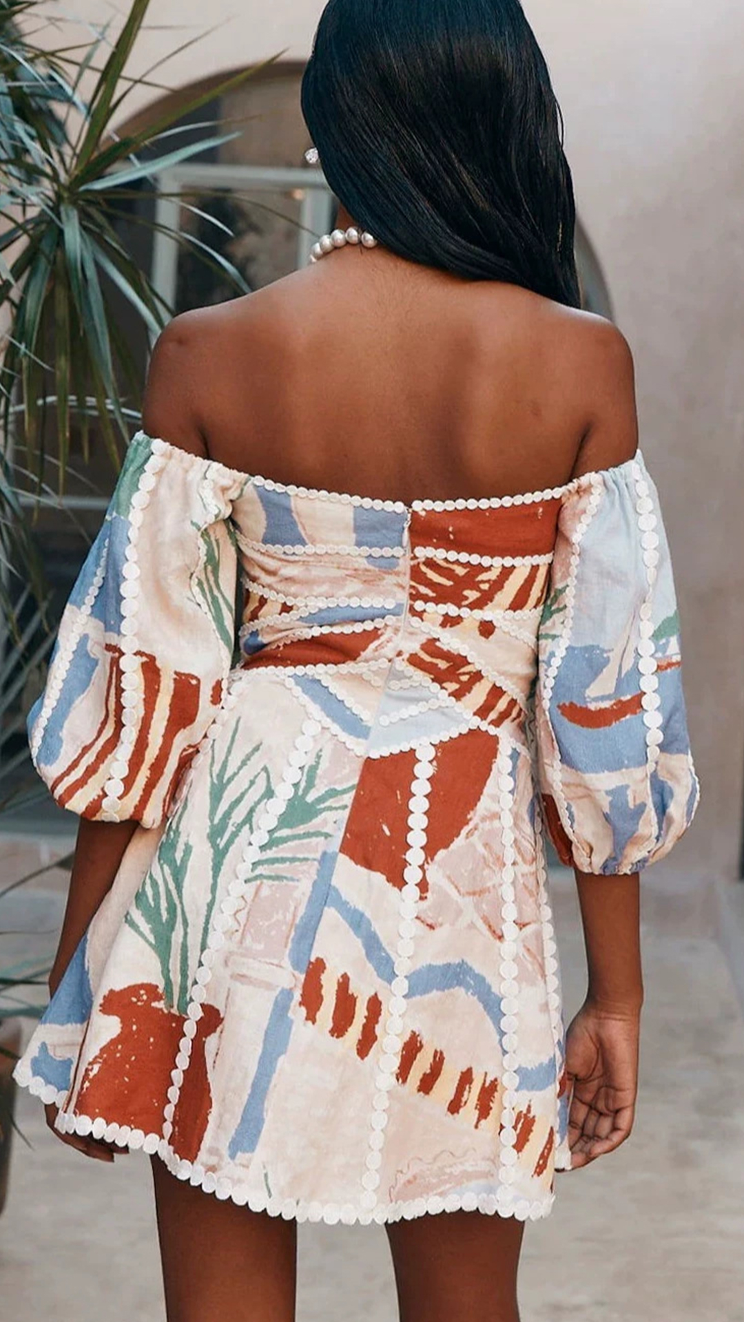 Women's Abstract Print Off-Shoulder Puff Sleeve Mini Dress