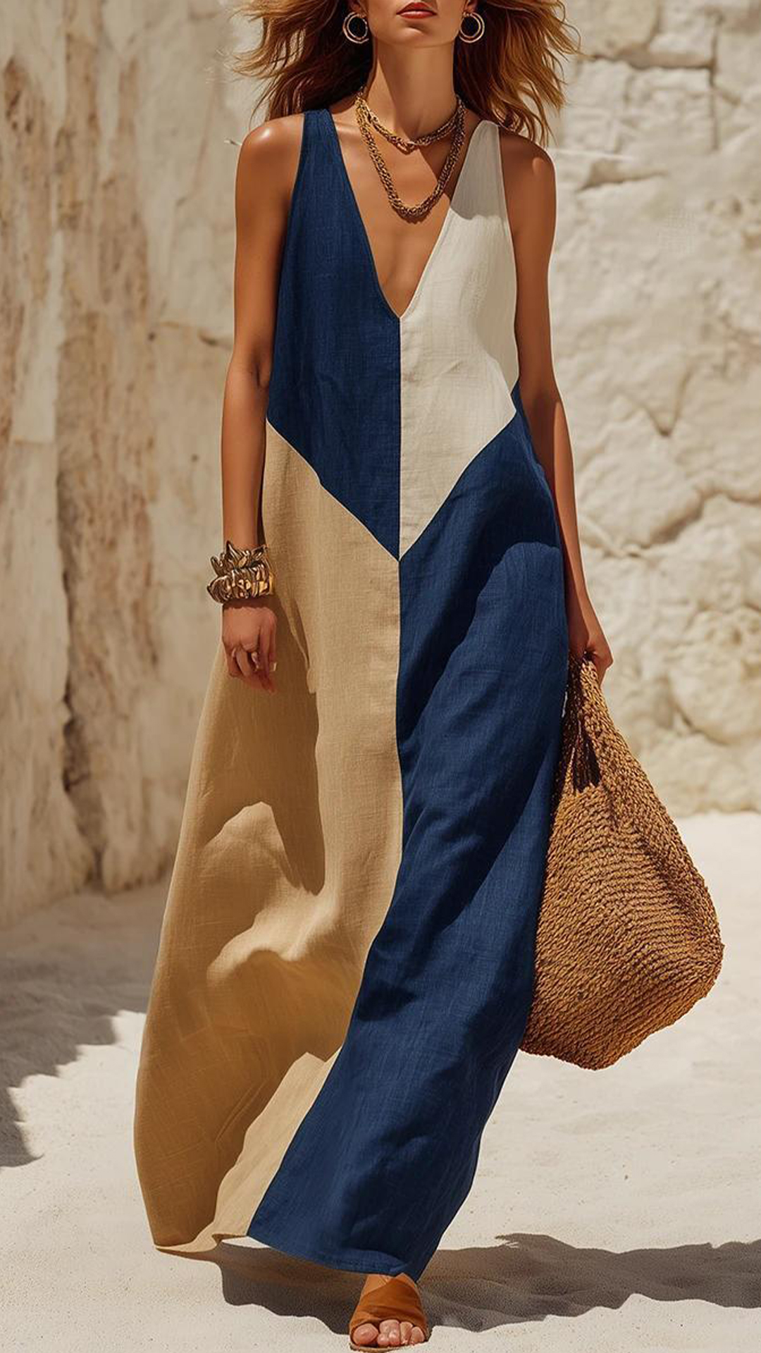 Women's Green & Beige Color Block V-neck Sleeveless Maxi Dress