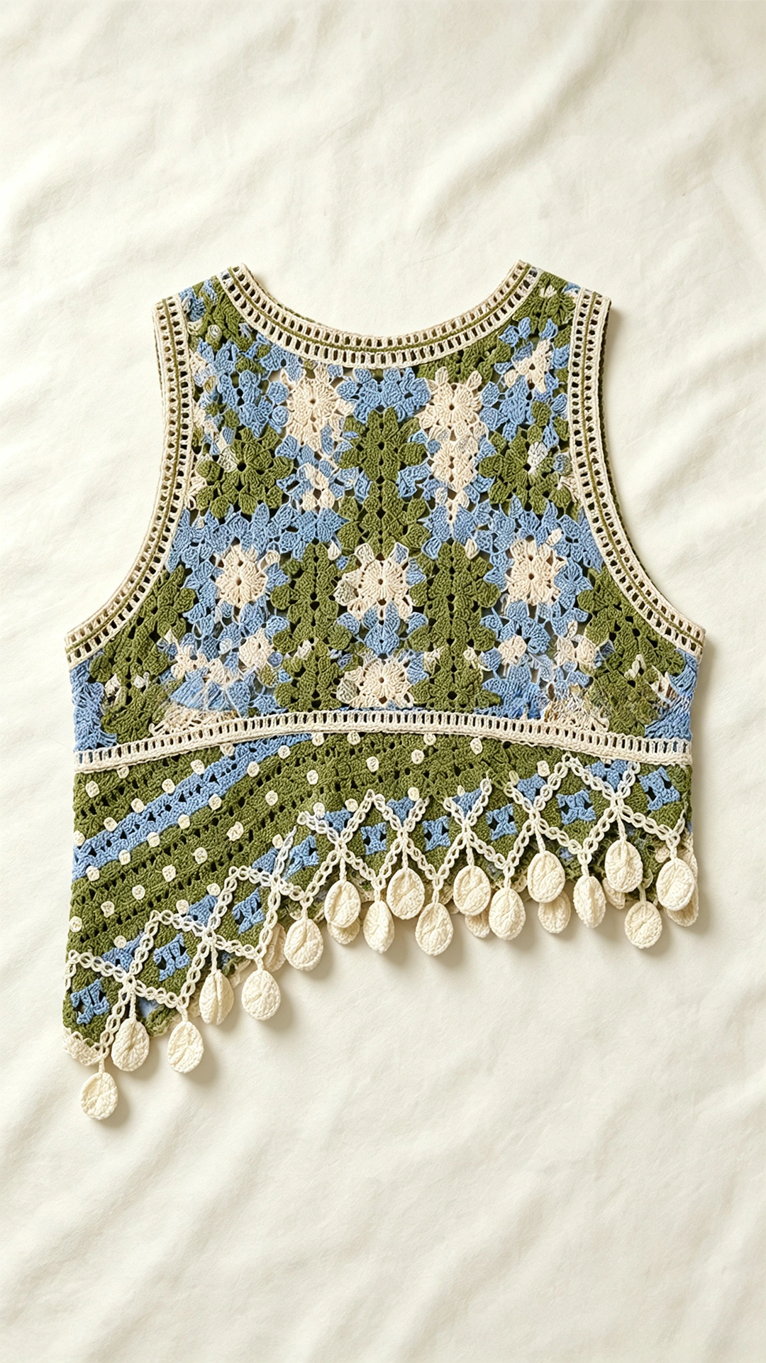 Back view of women's crochet beach top featuring breathable open weave design