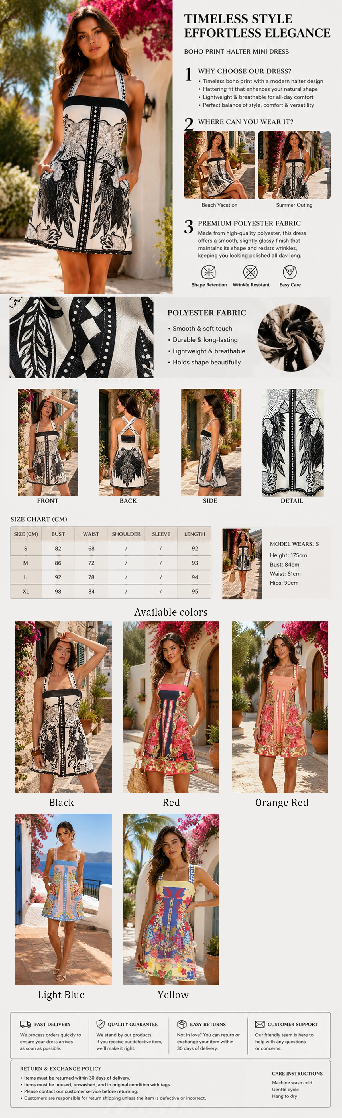 Mediterranean summer lifestyle featuring elegant floral mini dress for beach vacations Close up details of square neckline adjustable straps and premium floral print design Women's resort wear mini dress available in colorful vintage inspired prints Vacation outfit inspiration featuring floral mini dress for seaside holidays and summer travel