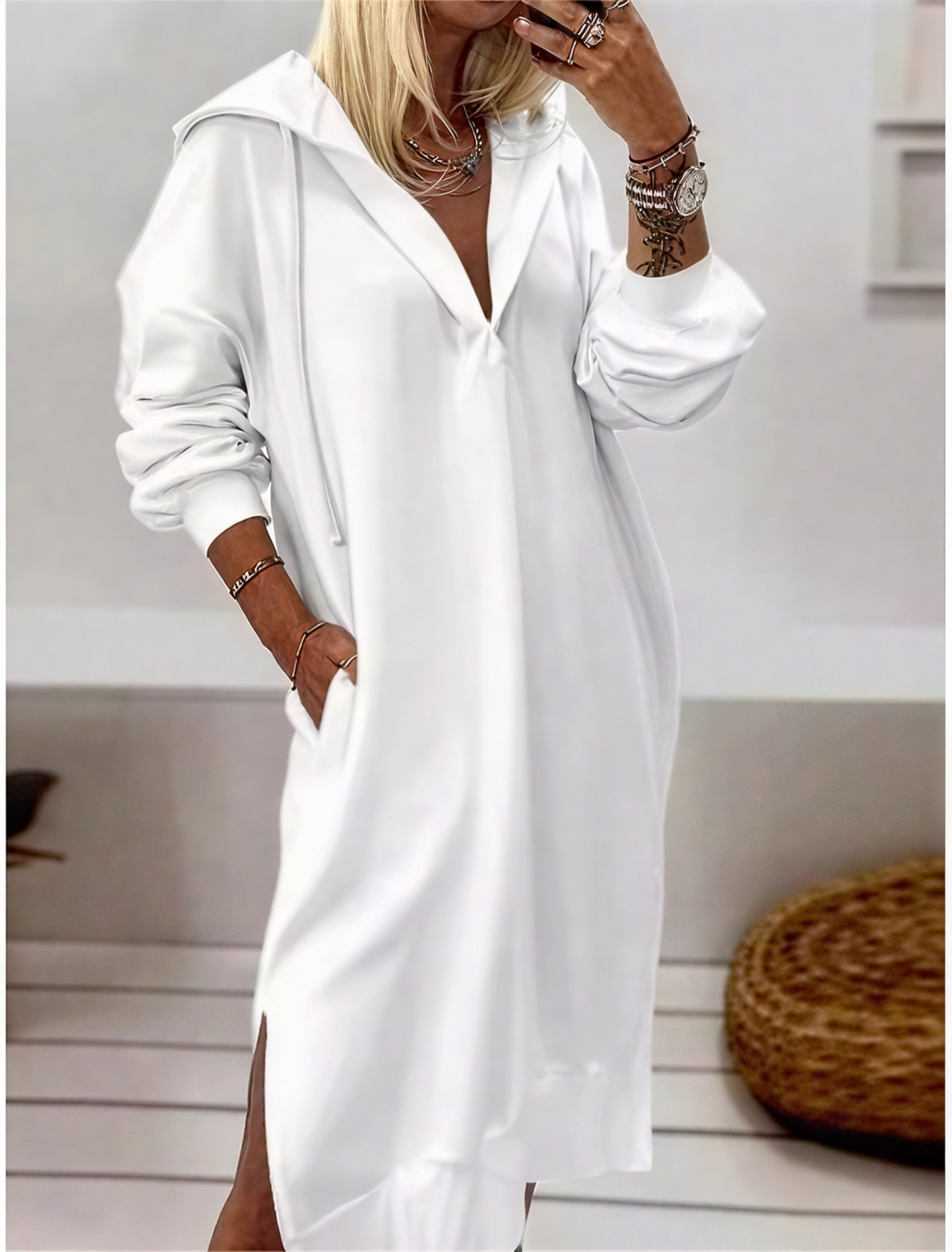 Women's White Dress Maxi Dress Pocket Split Casual Hooded Long Sleeve 