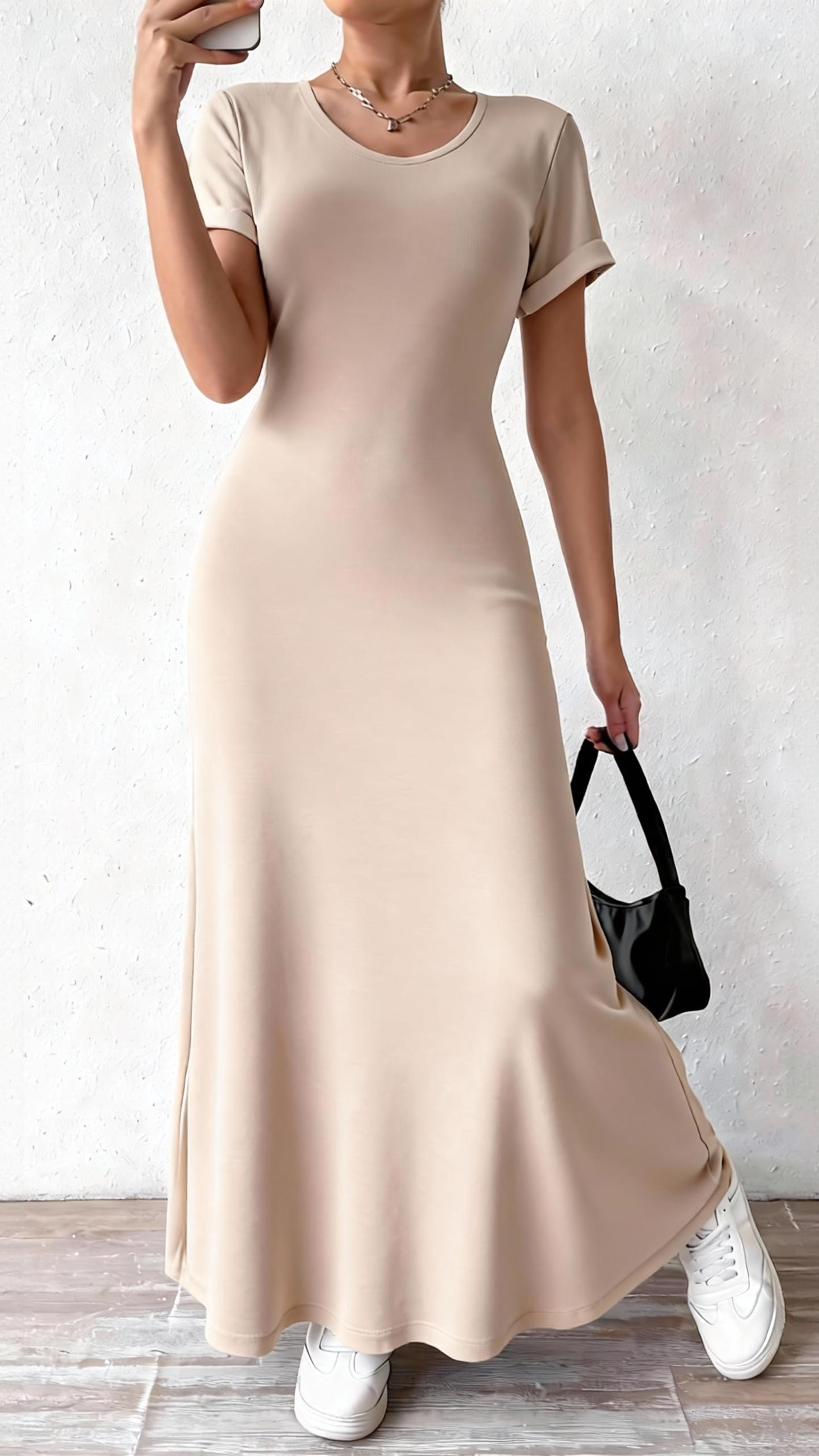 Women's solid color round neck knitted dress, elegant and comfortable (pre-order item)