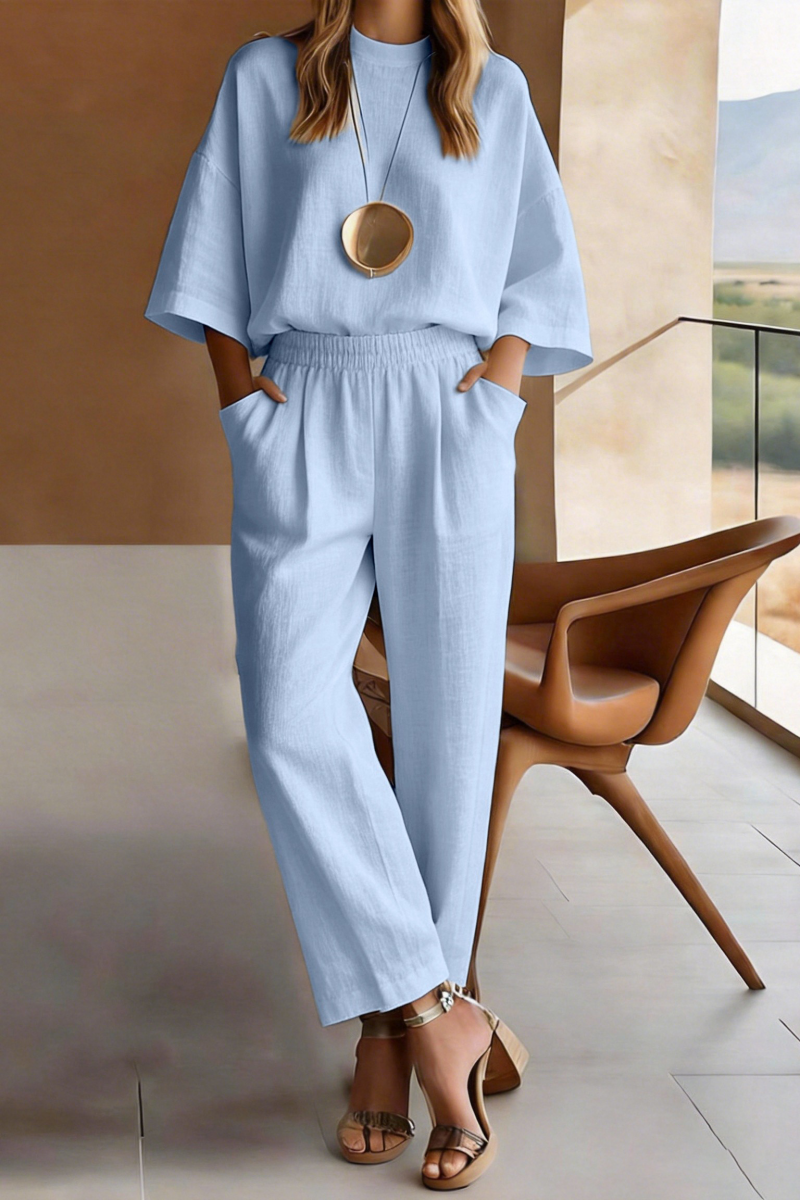 Women's Round Neck Solid Color Casual Seven Sleeve Set