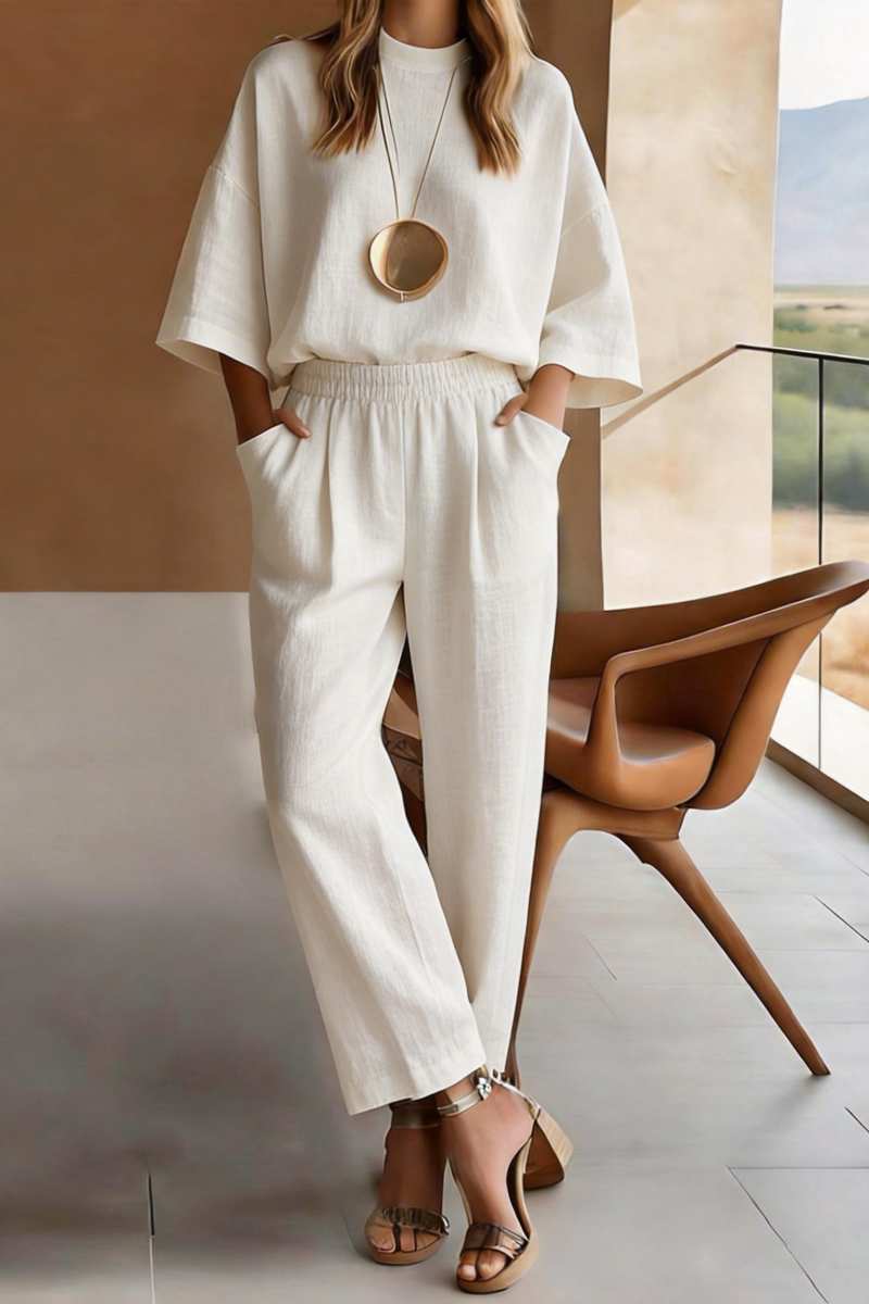 Women's Round Neck Solid Color Casual Seven Sleeve Set