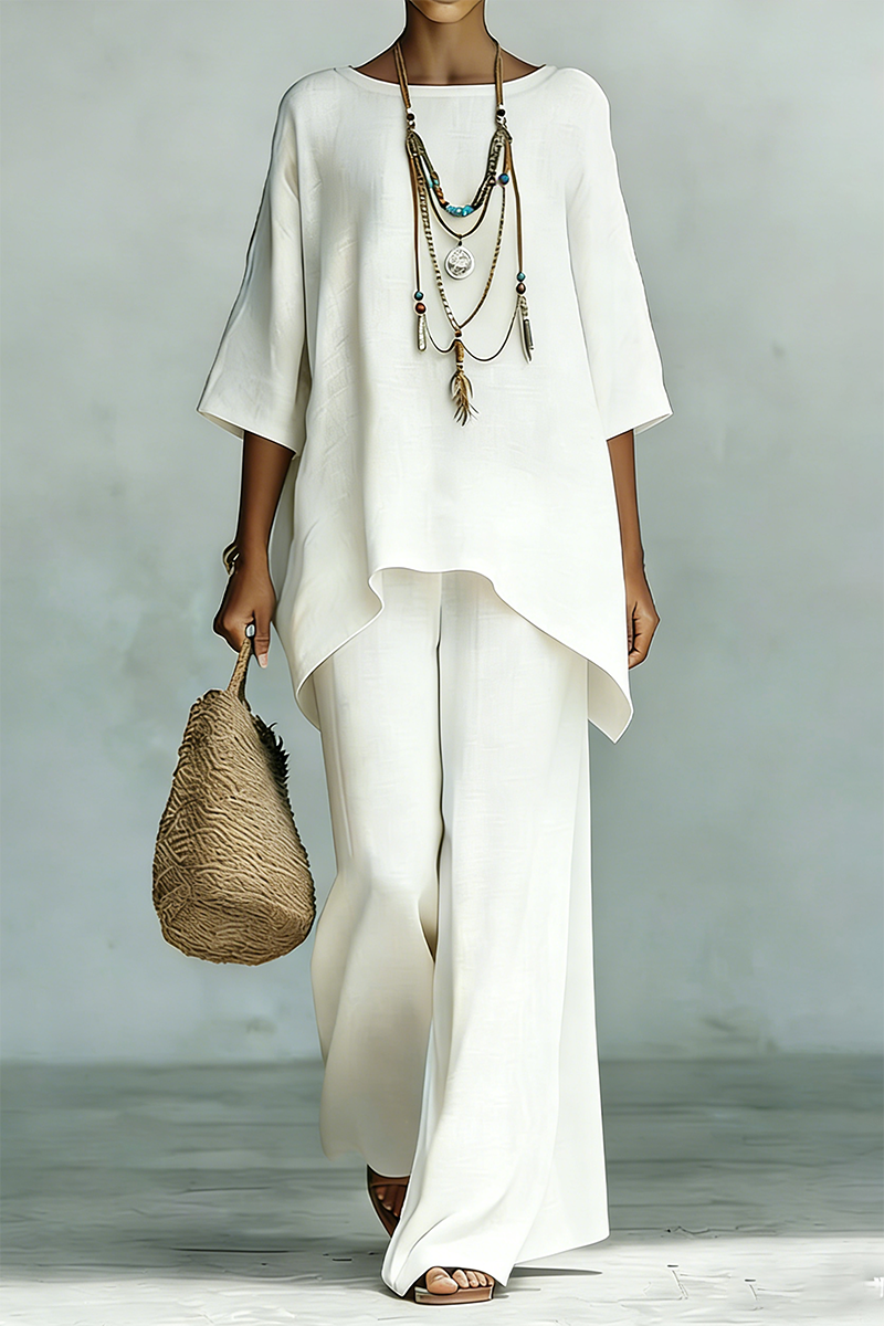 Women's Elegant & Simple Loose-Fit Solid-Color Top and Wide-Leg Pants Set