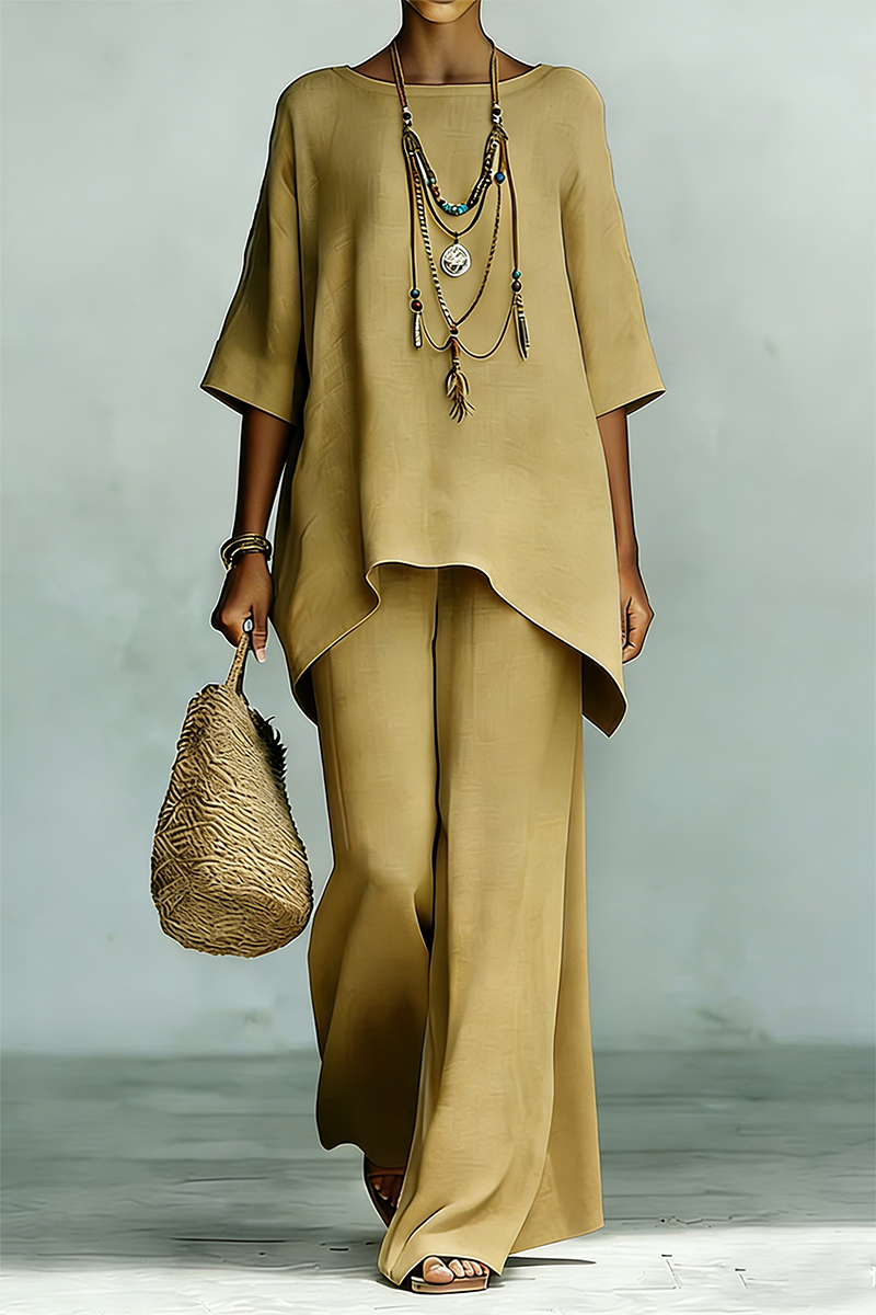 Women's Elegant & Simple Loose-Fit Solid-Color Top and Wide-Leg Pants Set