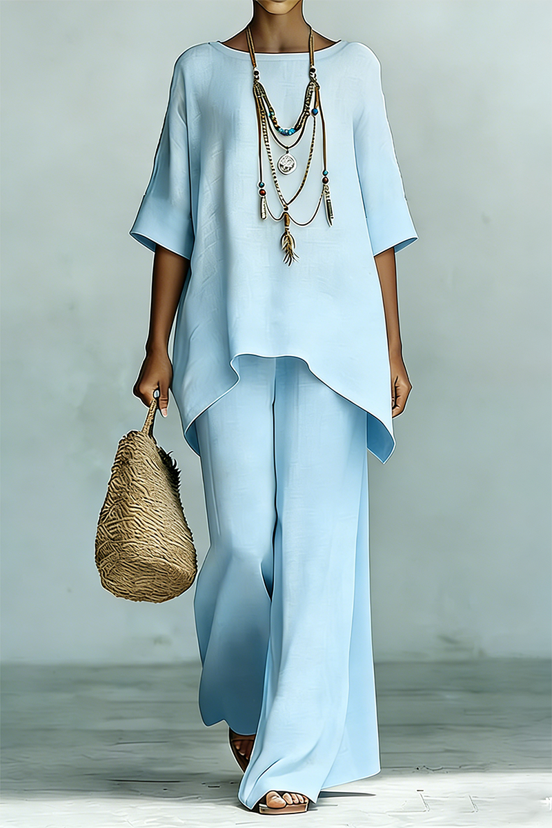 Women's Elegant & Simple Loose-Fit Solid-Color Top and Wide-Leg Pants Set