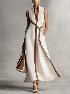 Daily White Colorblock Stand-Up Collar Pocket Boho Contrast Linen Maxi Dresses
