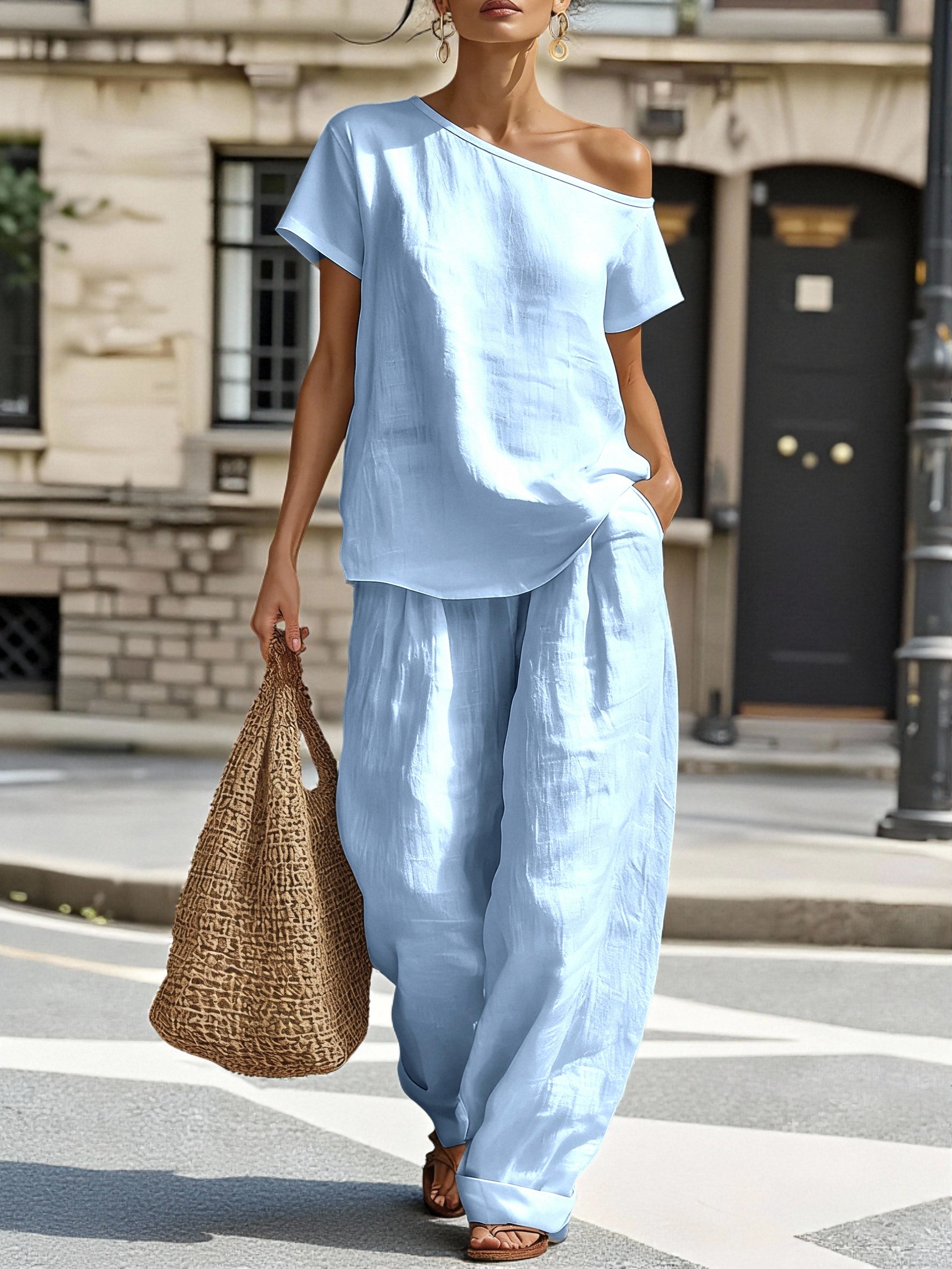 Women's Casual & Comfortable Minimalist-Style Two-Piece Set — Asymmetrical Shoulder Linen Outfit