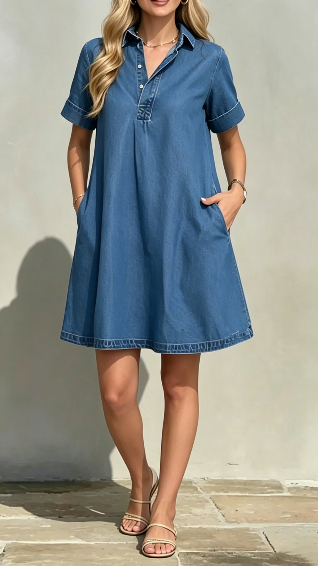  Women's Collared Short-Sleeve Denim Loose-Fitting Mini Dress