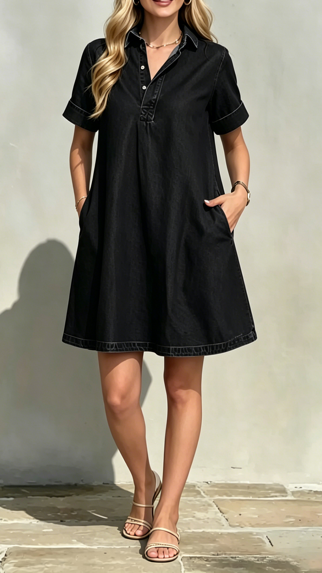  Women's Collared Short-Sleeve Denim Loose-Fitting Mini Dress