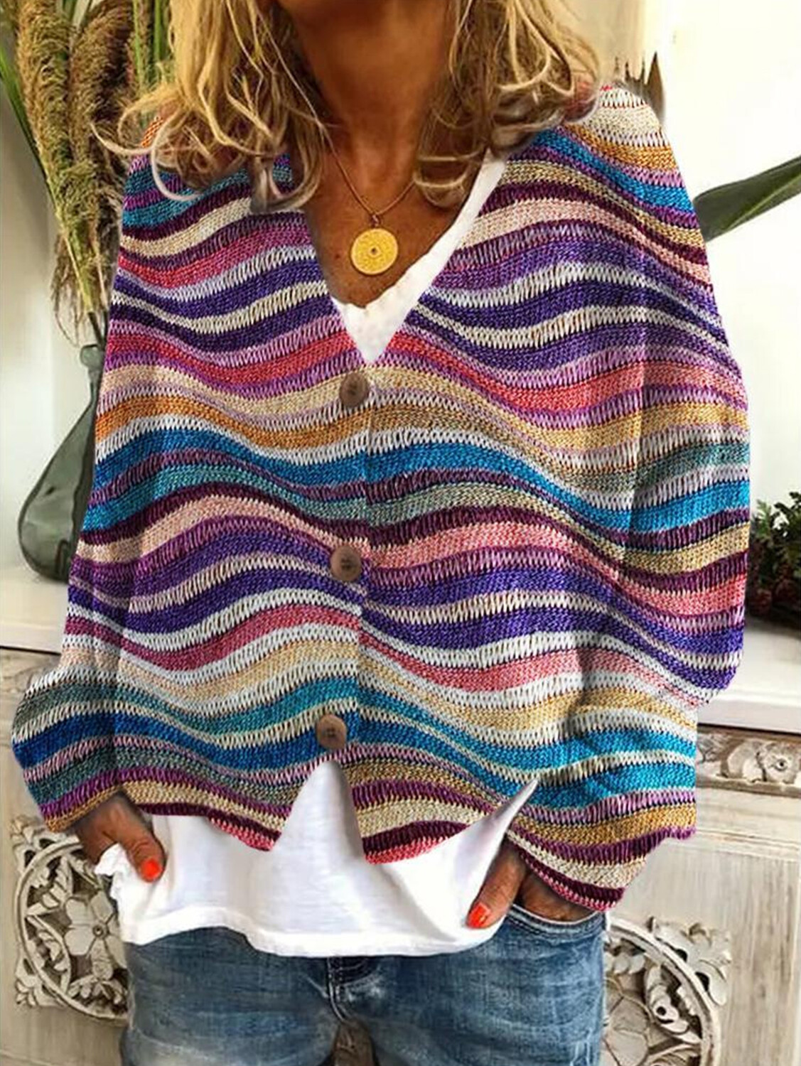 Women's casual floral pattern three-button knitted cardigan sweater