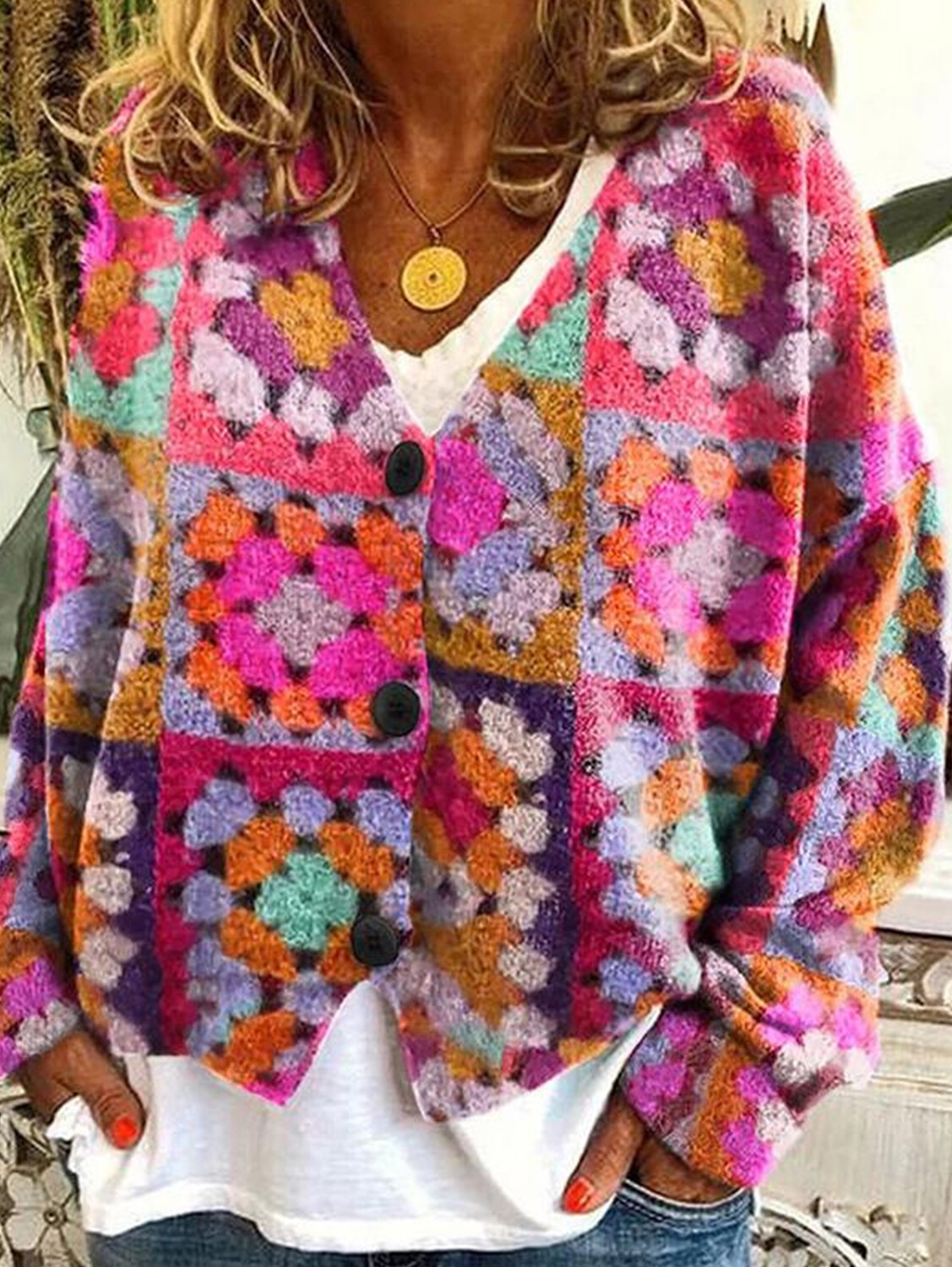 Women's casual floral pattern three-button knitted cardigan sweater