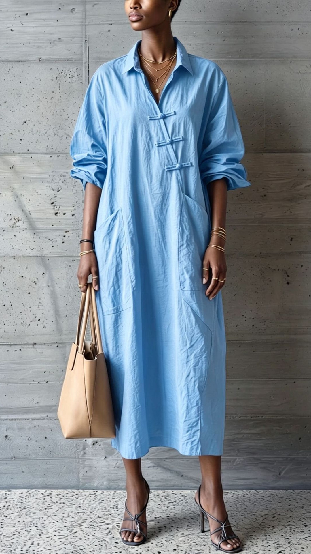 Women's cotton linen collared button-down shirt dress