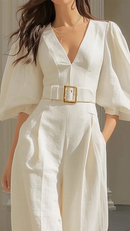 Women's casual solid color deep V-neck loose jumpsuit
