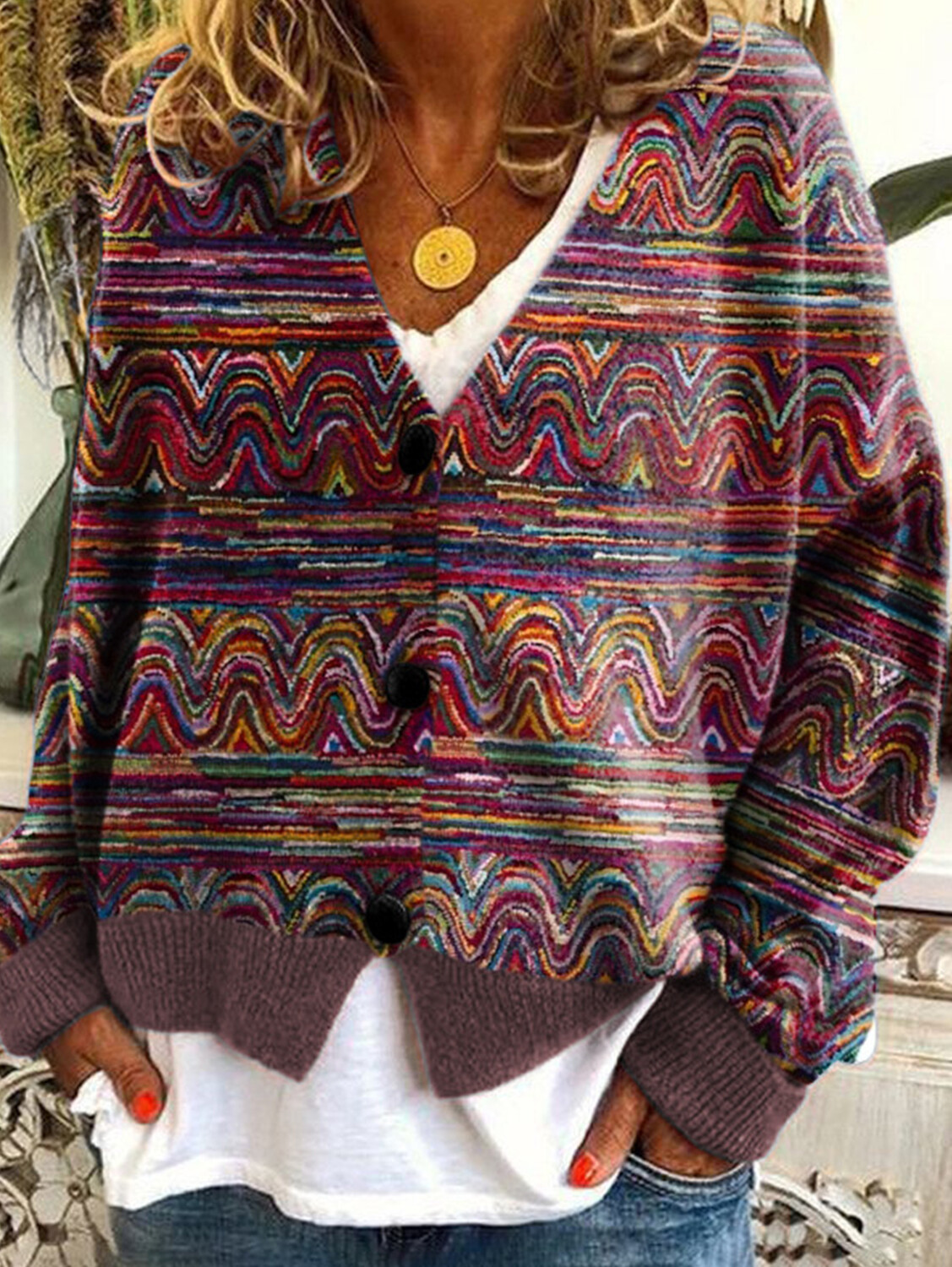 Women's casual floral pattern three-button knitted cardigan sweater