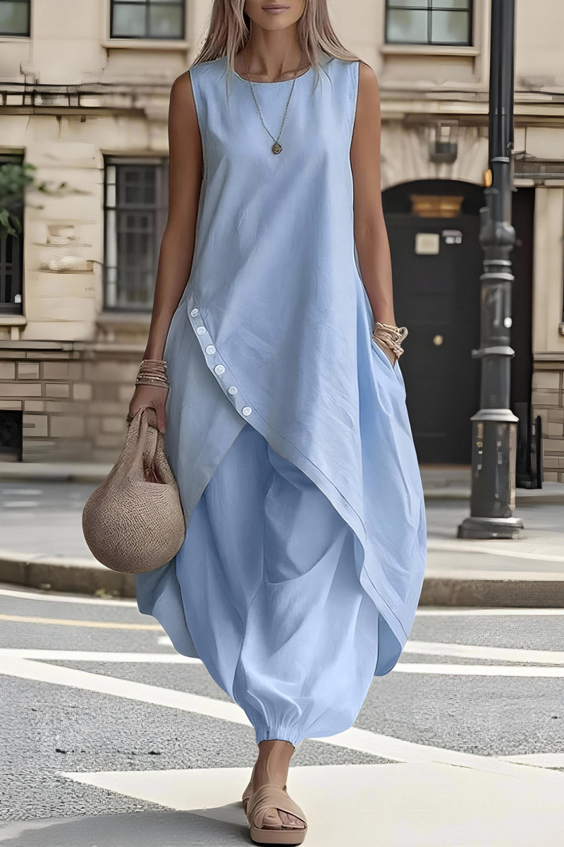 Women's Everyday Round-Neck Linen Midi Dress with Asymmetrical Hem and Pockets
