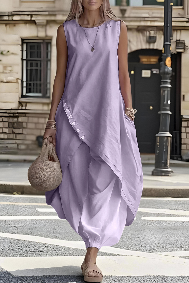 Women's Everyday Round-Neck Linen Midi Dress with Asymmetrical Hem and Pockets