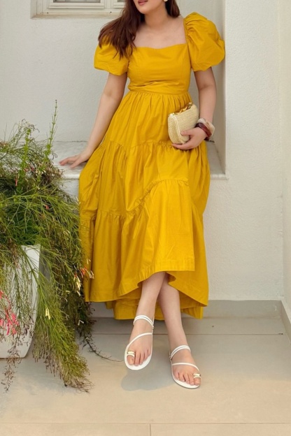 Women's Yellow Puff Sleeve Tiered High Low Maxi Dress（Pre-order payment）