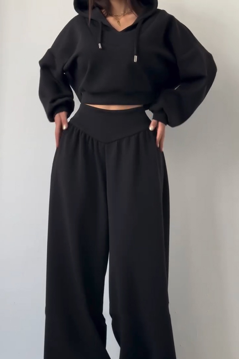 Women's New Casual Two-Piece Set: V-neck hooded long-sleeved top and high-waisted trousers (Pre-order item)