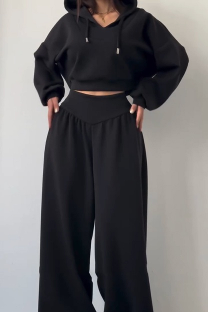Women's New Casual Two-Piece Set: V-neck hooded long-sleeved top and high-waisted trousers (Pre-order item)